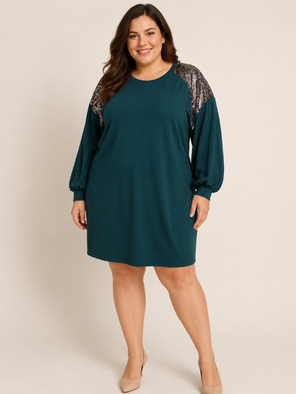 Emerald 2X Teal Sequin Shoulder Shift Dress Long Sleeve Plus Size Party Dress